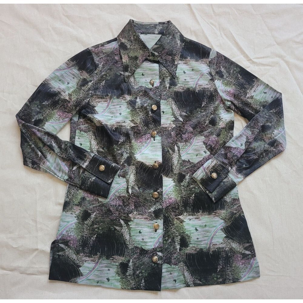 Vintage 70s Dagger Collar Forest Scene Print Button Up Rainbow Size Small/Medium
